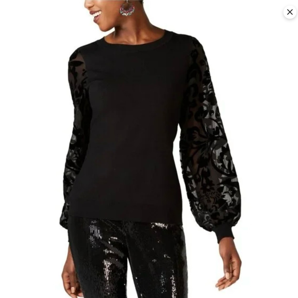 INC International Black Pullover Crewneck Sweater Velvet Burnout Sleeves. Size M